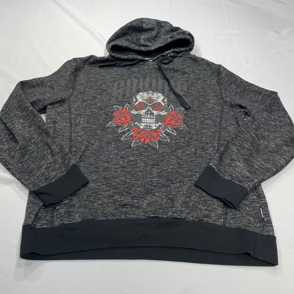 Ring‎ of Fire Mens Savage Sugar Skull Rose Hoodie Gray Space Dye Fleece Large